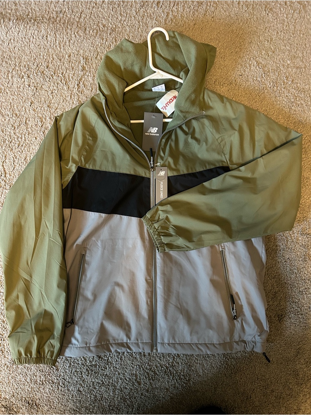 New Balance Fleece Lined Hooded Jacket Olive, Black & Light Gray Medium New!!